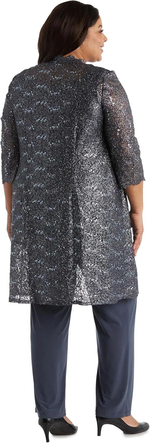 R&M Richards Women's Scallop Lace Duster Pant Set