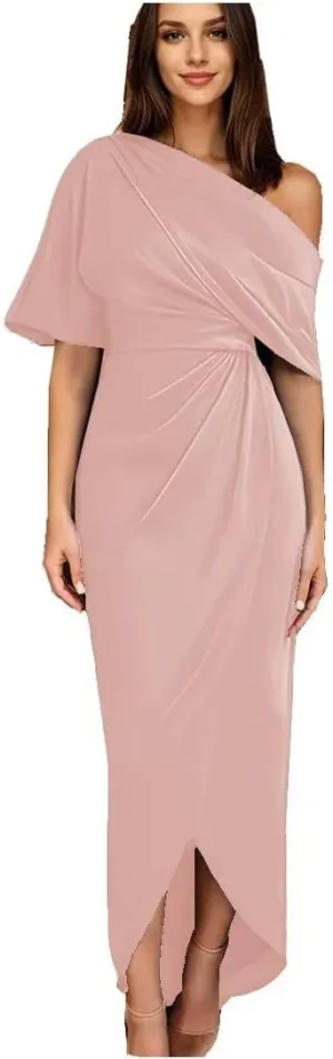 Raseal Women's One Shoulder Satin Mother of The Bride Dress with Sleeves Tea Length Fromal Evening Dress RS088