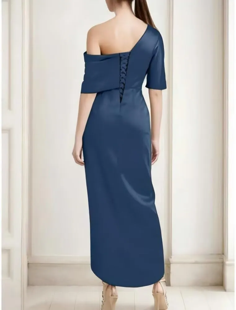 Raseal Women's One Shoulder Satin Mother of The Bride Dress with Sleeves Tea Length Fromal Evening Dress RS088