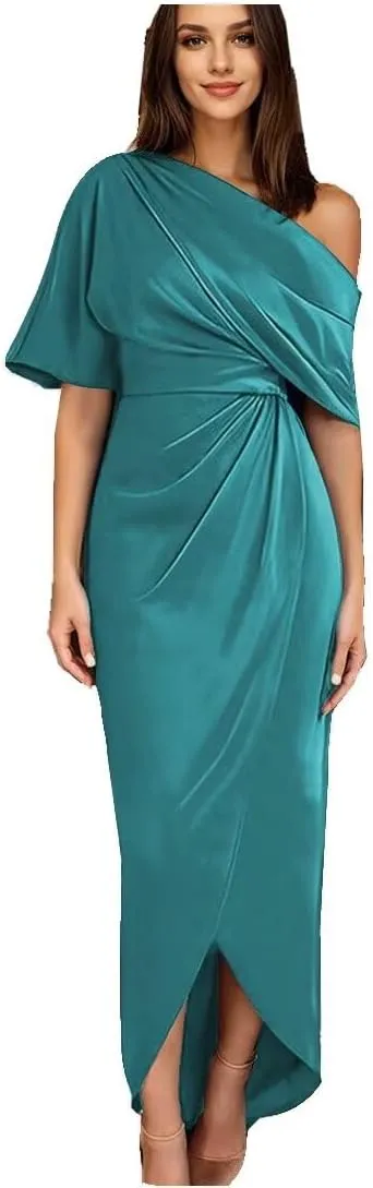 Raseal Women's One Shoulder Satin Mother of The Bride Dress with Sleeves Tea Length Fromal Evening Dress RS088
