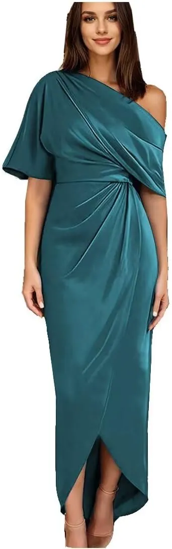 Raseal Women's One Shoulder Satin Mother of The Bride Dress with Sleeves Tea Length Fromal Evening Dress RS088