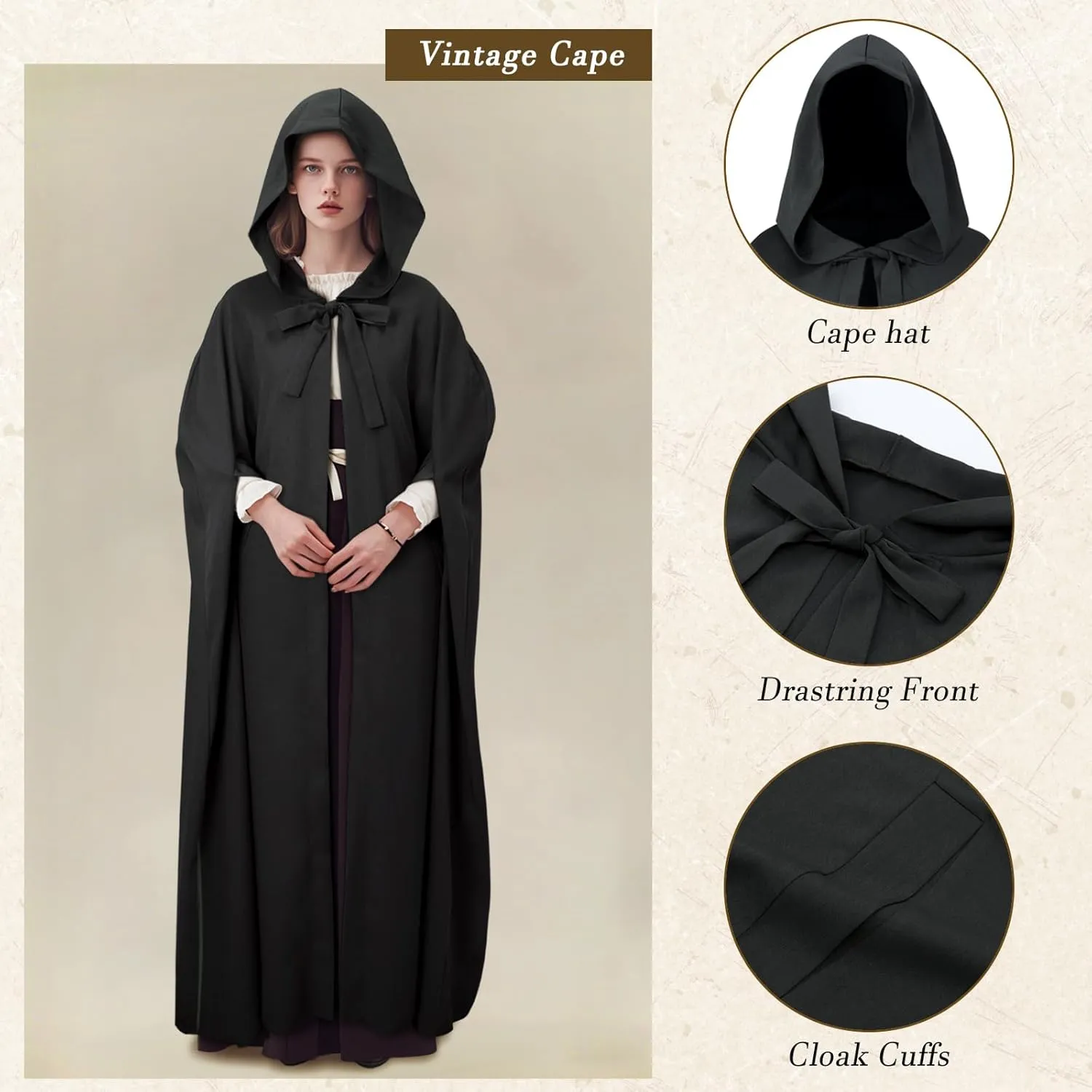 Renaissance Hooded Medieval Cloak Victorian Wizard Witch Cosplay Hobbit Cape for Women Halloween Costume