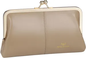 RFID Kiss Lock Wallet, Solid Color Multi-card Slots Card Holder, Genuine Leather Clutch Purses for Women 1468
