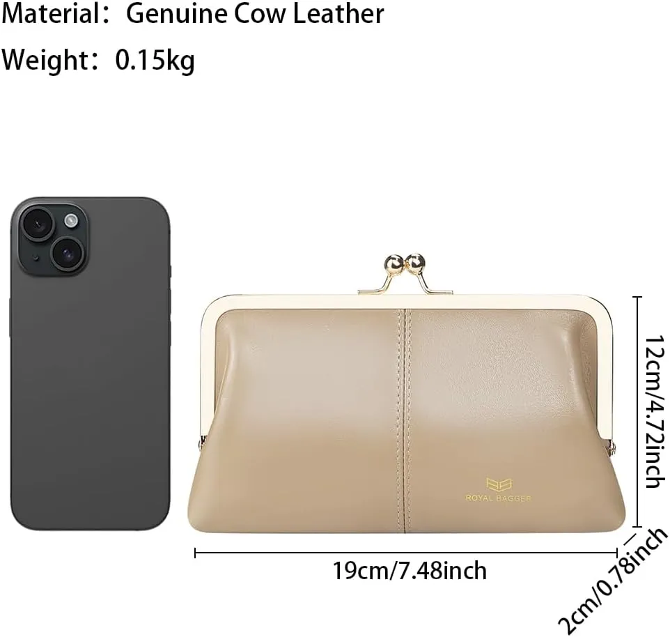 RFID Kiss Lock Wallet, Solid Color Multi-card Slots Card Holder, Genuine Leather Clutch Purses for Women 1468