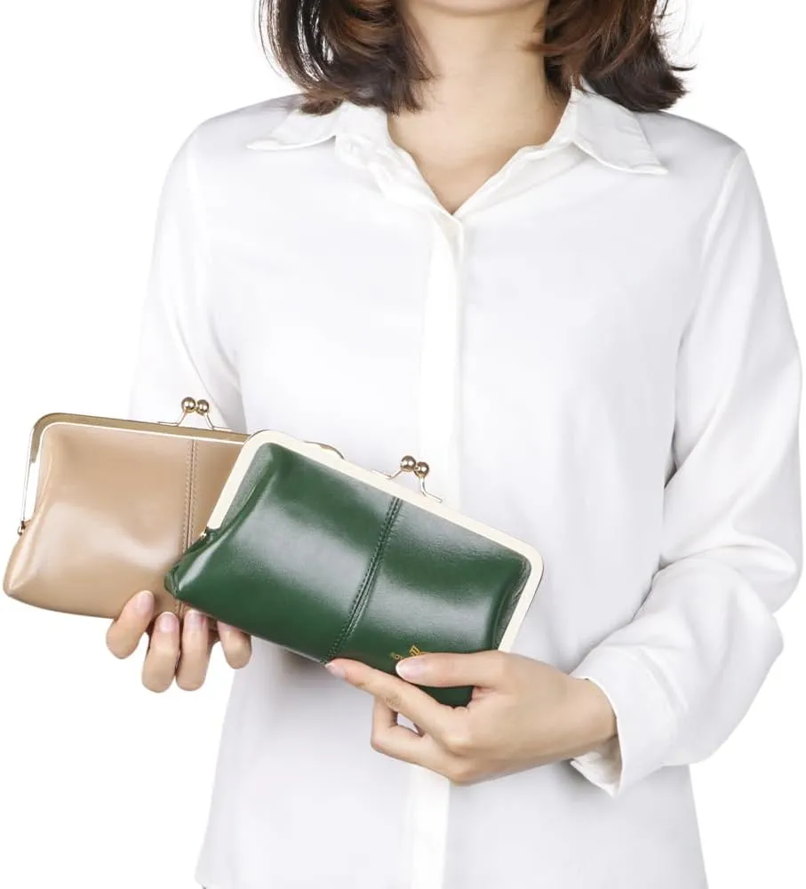RFID Kiss Lock Wallet, Solid Color Multi-card Slots Card Holder, Genuine Leather Clutch Purses for Women 1468