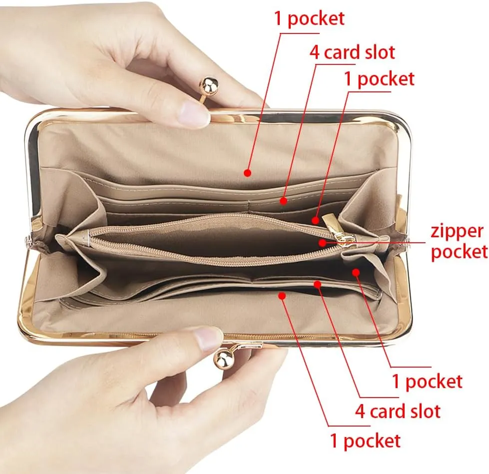 RFID Kiss Lock Wallet, Solid Color Multi-card Slots Card Holder, Genuine Leather Clutch Purses for Women 1468