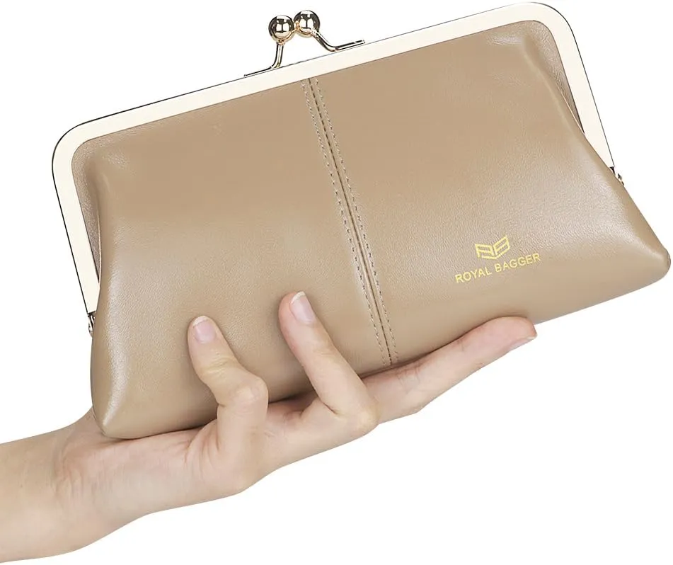 RFID Kiss Lock Wallet, Solid Color Multi-card Slots Card Holder, Genuine Leather Clutch Purses for Women 1468