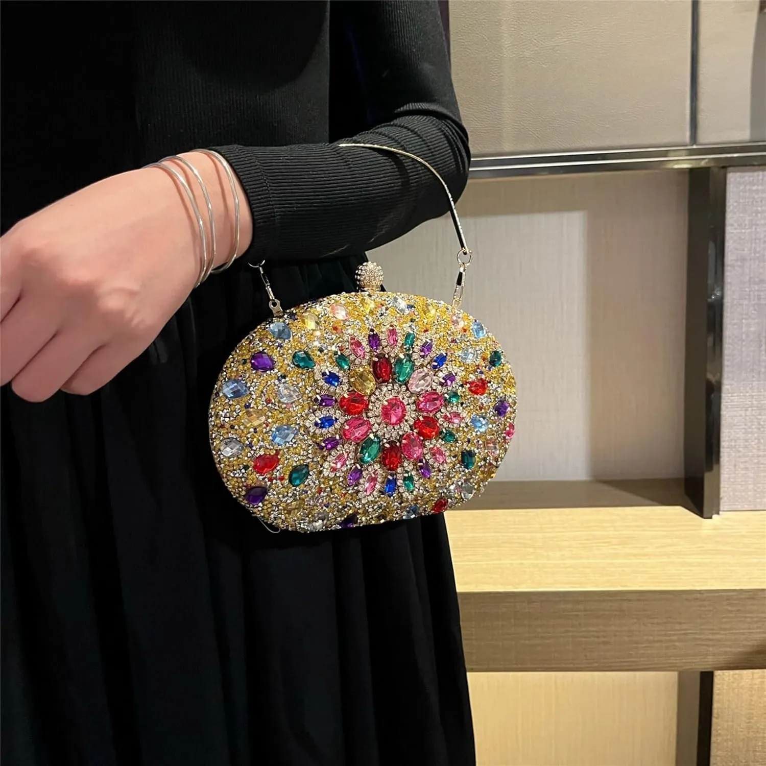 Rhinestone Evening Clutch Purses for Women, Wedding Round Pearl Party Handbag Crystal Clasp Glitter Sparkly Bag