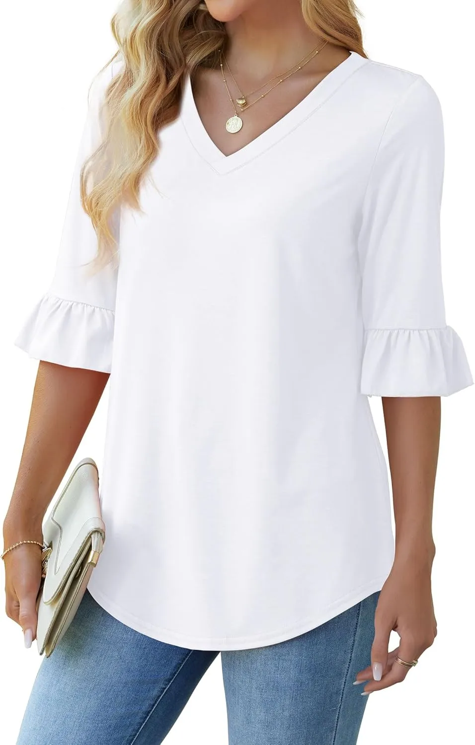 SAMPEEL 3/4 Length Sleeves Womens Tops Blouses for Women Dressy Casual Tops Trendy Summer Shirts Spring Clothes 2025