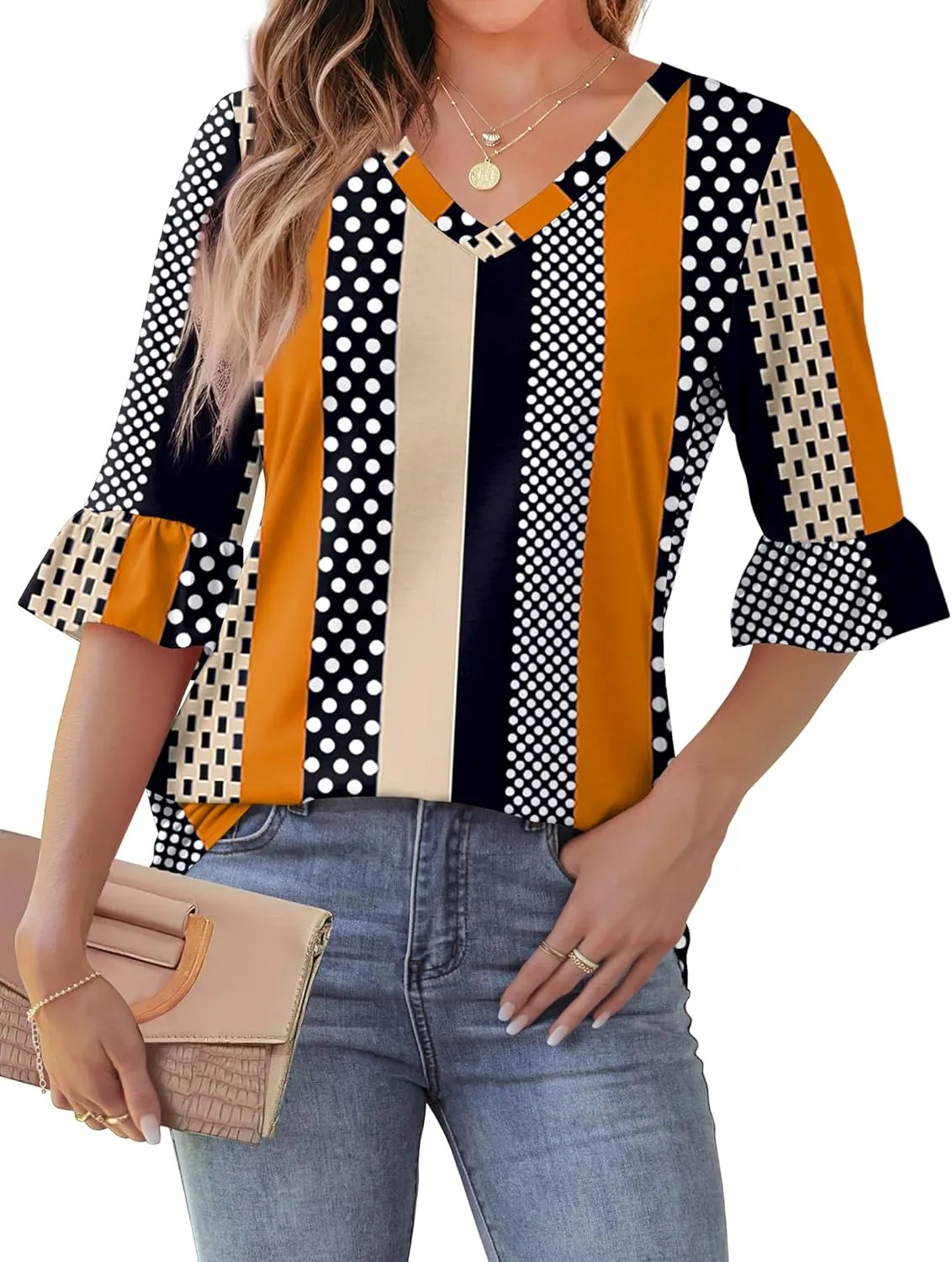 SAMPEEL 3/4 Length Sleeves Womens Tops Blouses for Women Dressy Casual Tops Trendy Summer Shirts Spring Clothes 2025