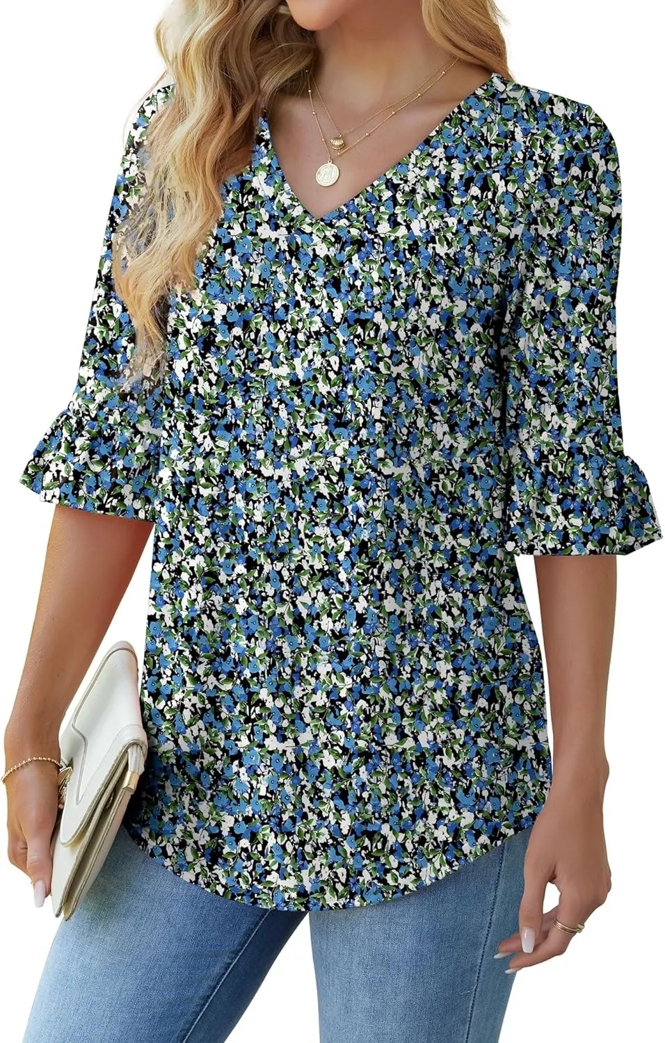 SAMPEEL 3/4 Length Sleeves Womens Tops Blouses for Women Dressy Casual Tops Trendy Summer Shirts Spring Clothes 2025