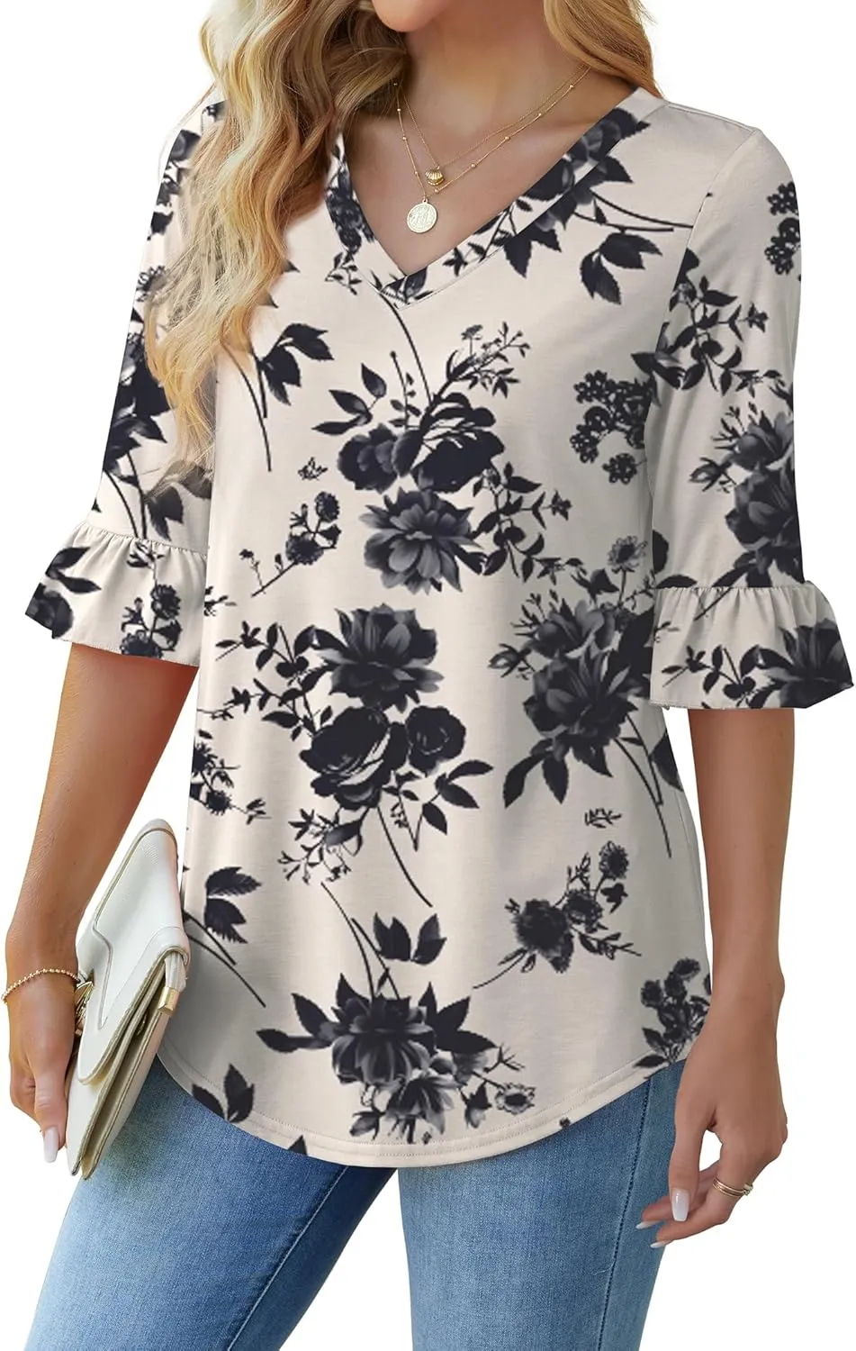 SAMPEEL 3/4 Length Sleeves Womens Tops Blouses for Women Dressy Casual Tops Trendy Summer Shirts Spring Clothes 2025