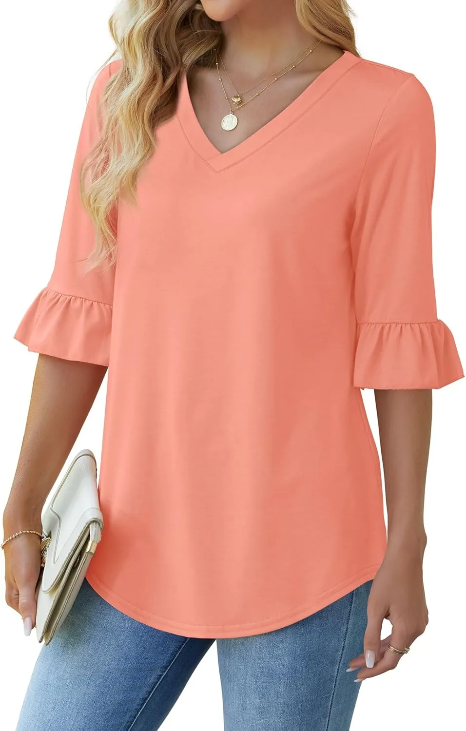 SAMPEEL 3/4 Length Sleeves Womens Tops Blouses for Women Dressy Casual Tops Trendy Summer Shirts Spring Clothes 2025