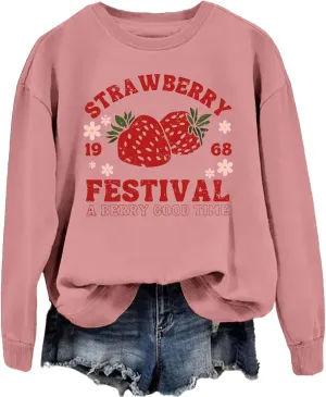 SAUIVD Women's Graphic Tees Strawberry Festivals Sweatshirt for Women Cute Strawberry Sweatshirts Long Sleeve Top Tees