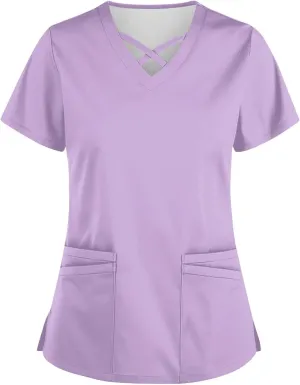 Scrubs for Women Print Short Sleeve Working T-Shirts Criss Cross V Neck Dressy T Shirts Summer Nurse Uniforms