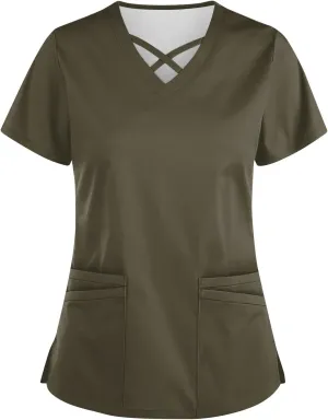 Scrubs for Women Print Short Sleeve Working T-Shirts Criss Cross V Neck Dressy T Shirts Summer Nurse Uniforms