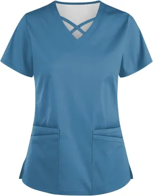 Scrubs for Women Print Short Sleeve Working T-Shirts Criss Cross V Neck Dressy T Shirts Summer Nurse Uniforms
