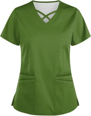 Scrubs for Women Print Short Sleeve Working T-Shirts Criss Cross V Neck Dressy T Shirts Summer Nurse Uniforms