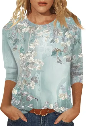 SERYU 3/4 Sleeve Tops for Women Round Neck Loose Casual Shirts Blouses Floral Print Tshirts