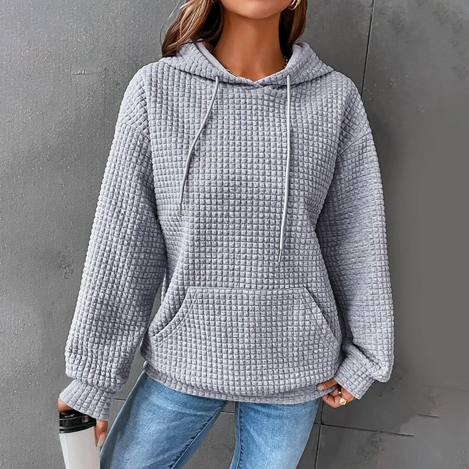 SHAOBGE Women Waffle Knit Cute Hoodies Drawstring Pullover Sweatshirts Fashion Casual Sweaters Comfy Fall Clothes Outfits