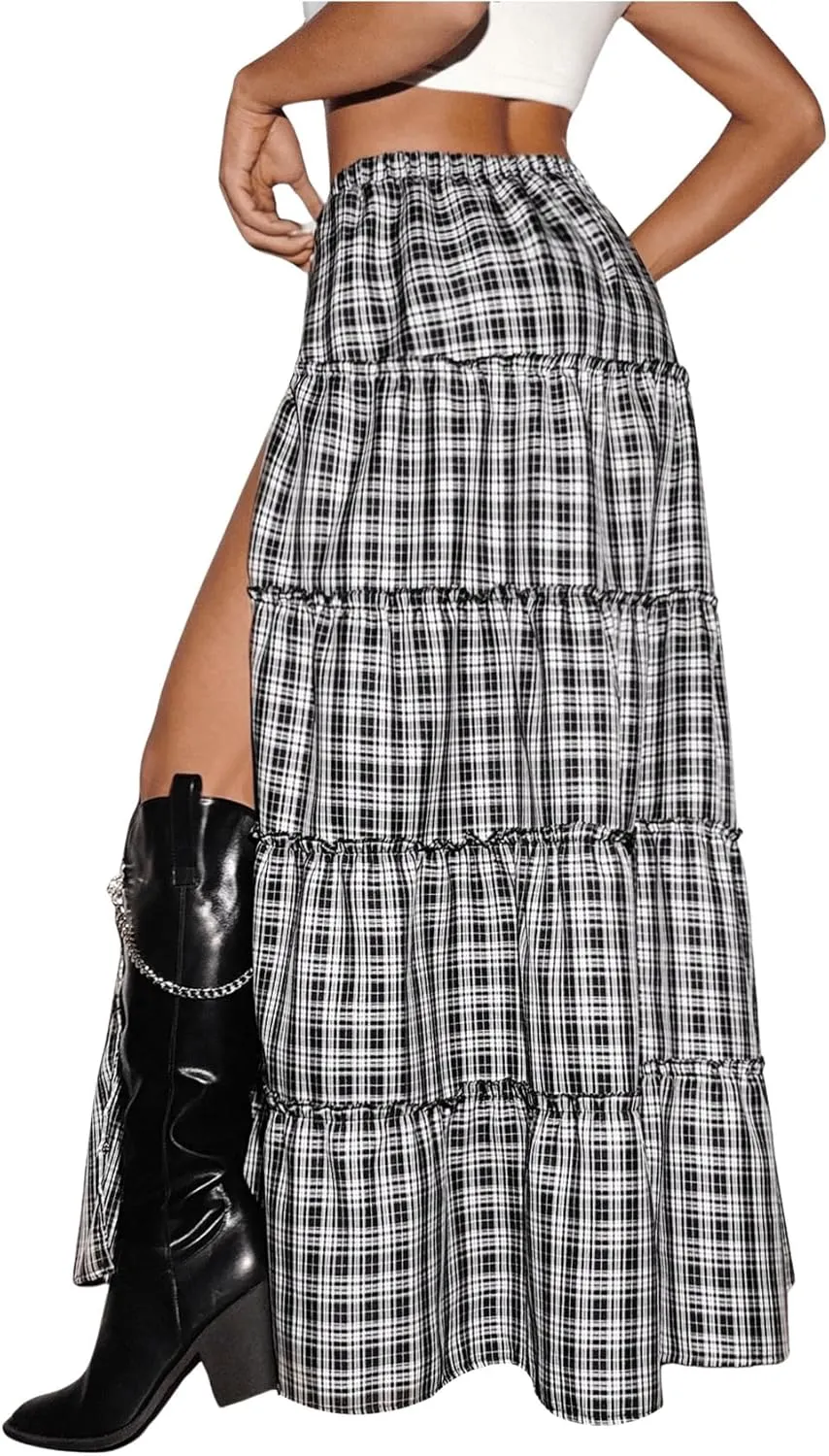 SHENHE Women's Plaid Maxi Skirt High Slit A Line Flowy Tiered Ruffle Y2k Vintage Long Skirt