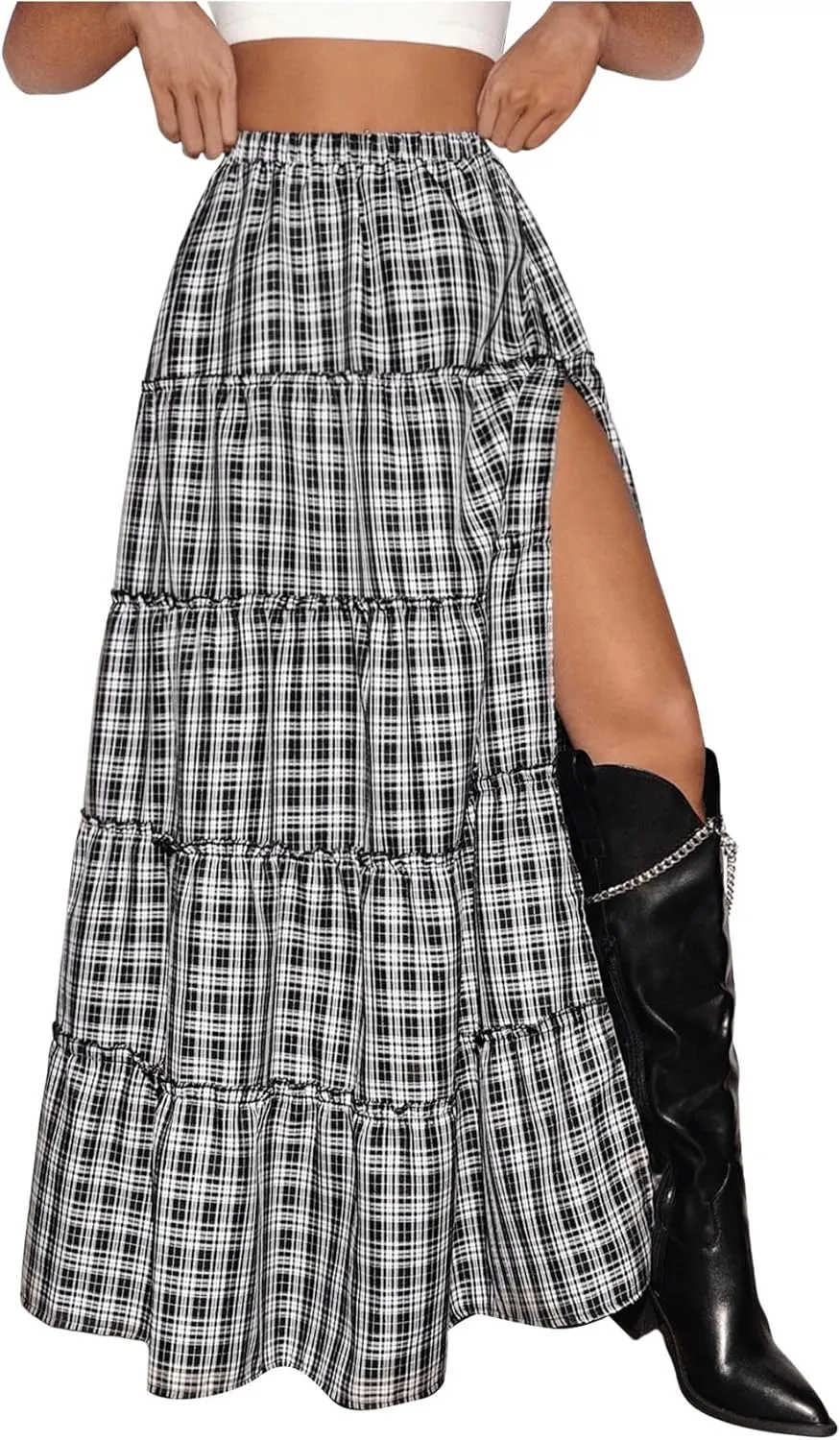 SHENHE Women's Plaid Maxi Skirt High Slit A Line Flowy Tiered Ruffle Y2k Vintage Long Skirt
