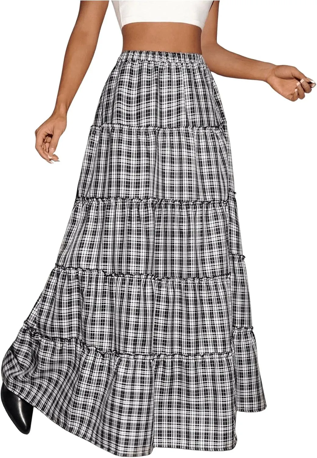 SHENHE Women's Plaid Maxi Skirt High Slit A Line Flowy Tiered Ruffle Y2k Vintage Long Skirt