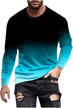 Shirts for Men Long Sleeve Casual Loose Gradient Color Print Crewneck Sweatshirt Lightweight Gym Workout Pullover Top