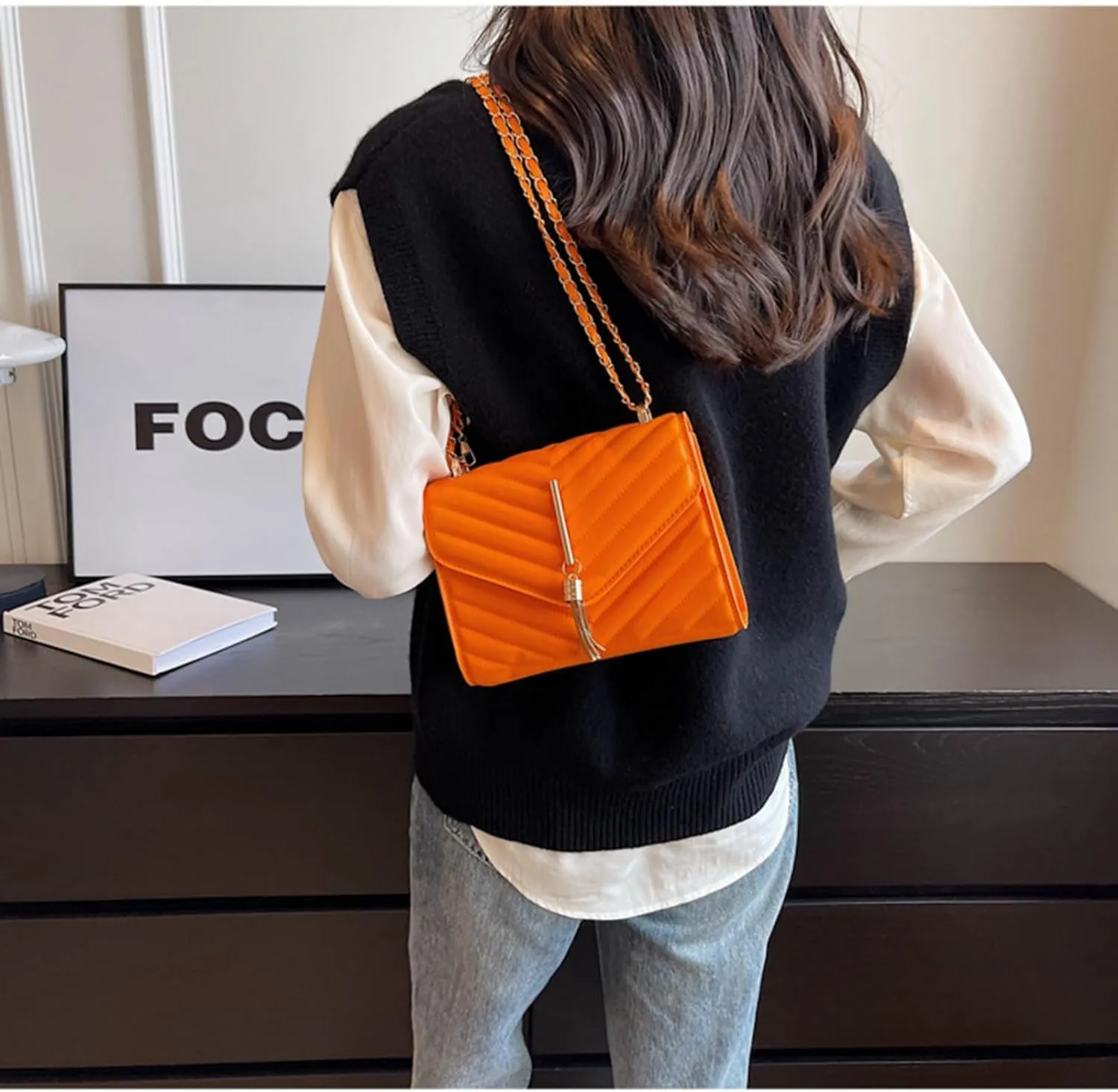 Shoulder Bag for Women PU Leather Crossbody Bag with Chain Strap Clutch Purse Evening Bag for Work Travel (Orange)