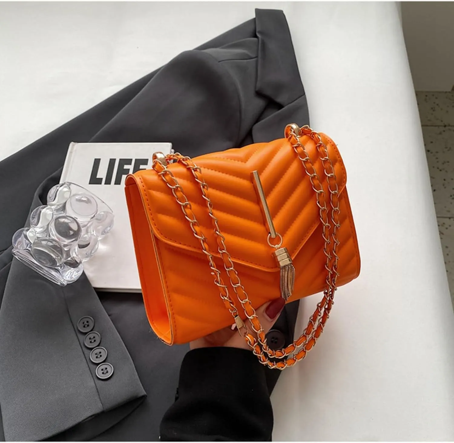 Shoulder Bag for Women PU Leather Crossbody Bag with Chain Strap Clutch Purse Evening Bag for Work Travel (Orange)