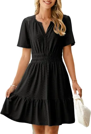 Simplee Womens 2025 Summer Mini Dress Eyelet Short Sleeve Cocktail Short Dresses Cute A Line Sun Dress with Pockets