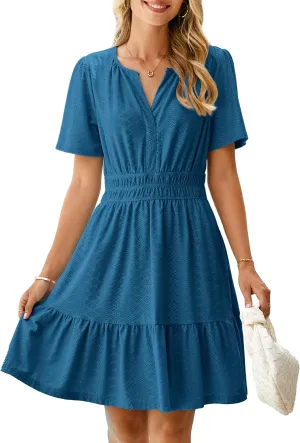 Simplee Womens 2025 Summer Mini Dress Eyelet Short Sleeve Cocktail Short Dresses Cute A Line Sun Dress with Pockets