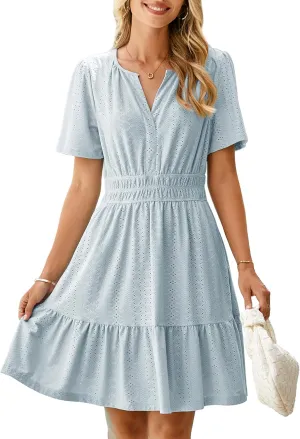 Simplee Womens 2025 Summer Mini Dress Eyelet Short Sleeve Cocktail Short Dresses Cute A Line Sun Dress with Pockets