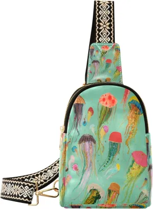 Small Sling Bag Waist Packs Leather Crossbody Packs Chest Bag Colorful Jellyfish for Women Travel Belt Purse