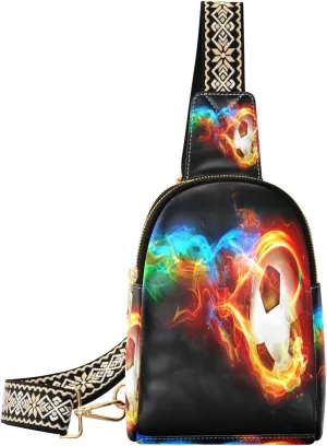 Small Sling Bag Waist Packs Leather Crossbody Packs Chest Bag Fire Football for Women Travel Belt Purse