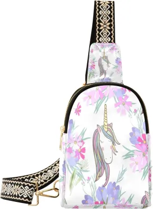 Small Sling Bag Waist Packs Leather Crossbody Packs Chest Bag Flower Unicorn for Women Travel Belt Purse