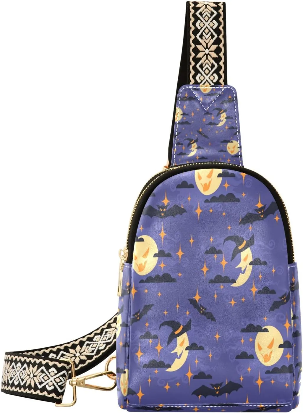 Small Sling Bag Waist Packs Leather Crossbody Packs Chest Bag Halloween Seamless Pattern with Moon for Women Travel Belt Purse