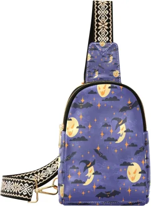 Small Sling Bag Waist Packs Leather Crossbody Packs Chest Bag Halloween Seamless Pattern with Moon for Women Travel Belt Purse