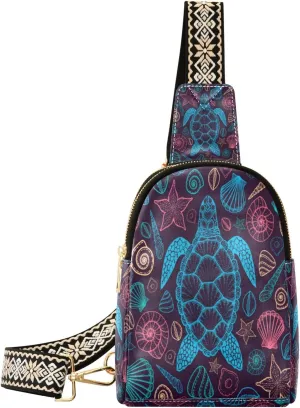 Small Sling Bag Waist Packs Leather Crossbody Packs Chest Bag Sea Turtle Art Style for Women Travel Belt Purse