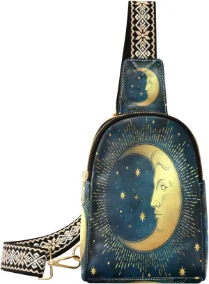 Small Sling Bag Waist Packs Leather Crossbody Packs Chest Bag Stars and Moon for Women Travel Belt Purse