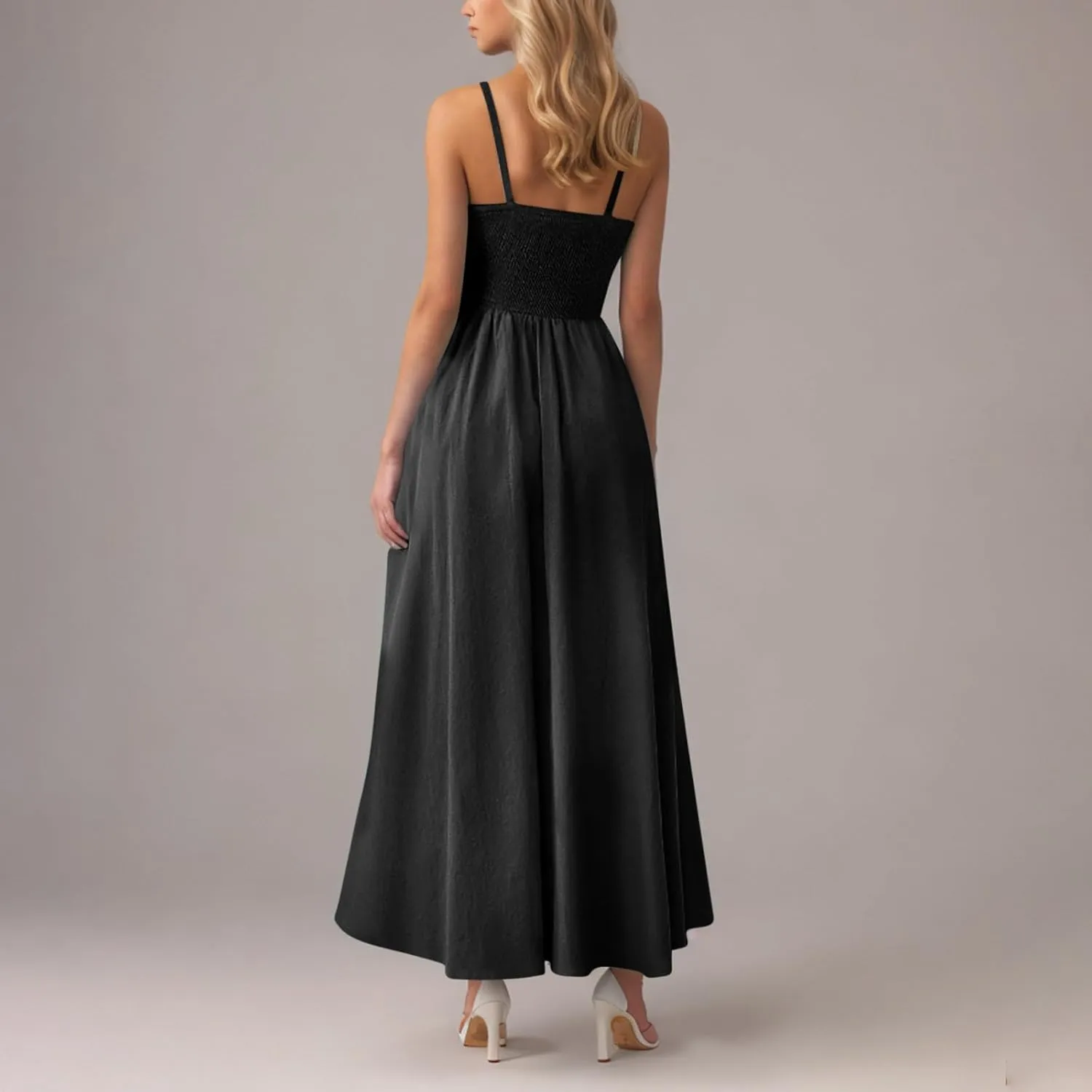 Smocked Dress Women Sleeveless Crew Neck Beach Maxi Sundresses Casual Spaghetti Strap Swing A Line Long Flowy Dress