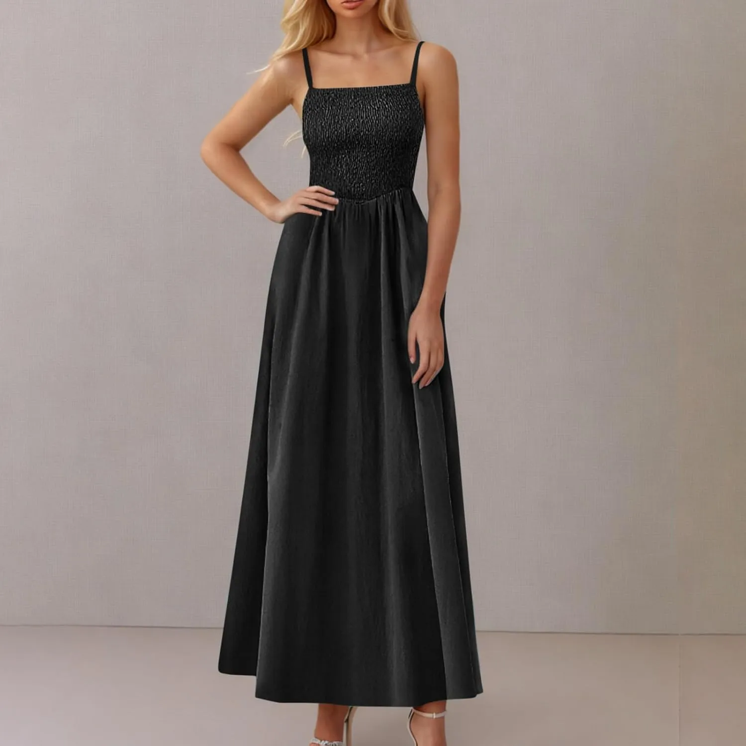 Smocked Dress Women Sleeveless Crew Neck Beach Maxi Sundresses Casual Spaghetti Strap Swing A Line Long Flowy Dress