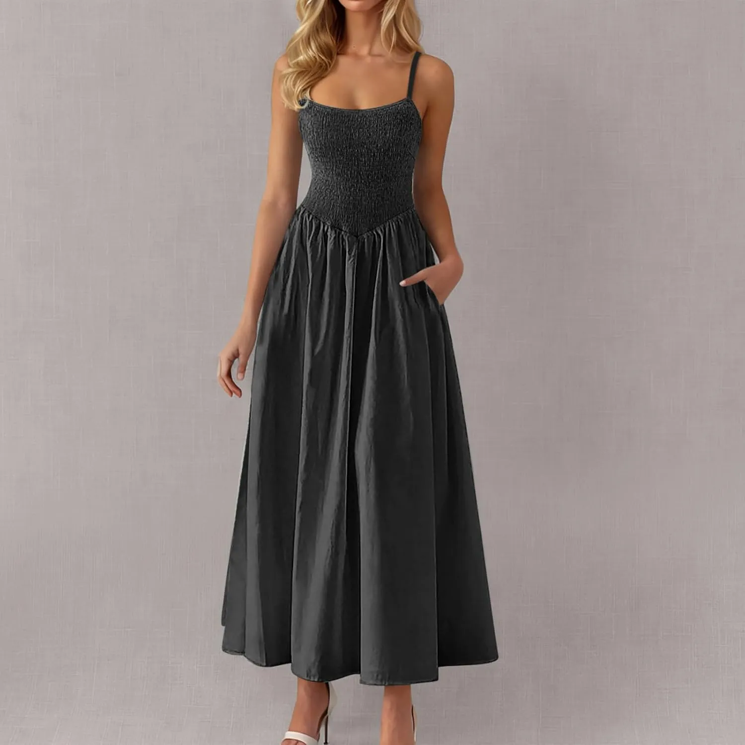 Smocked Dress Women Sleeveless Crew Neck Beach Maxi Sundresses Casual Spaghetti Strap Swing A Line Long Flowy Dress