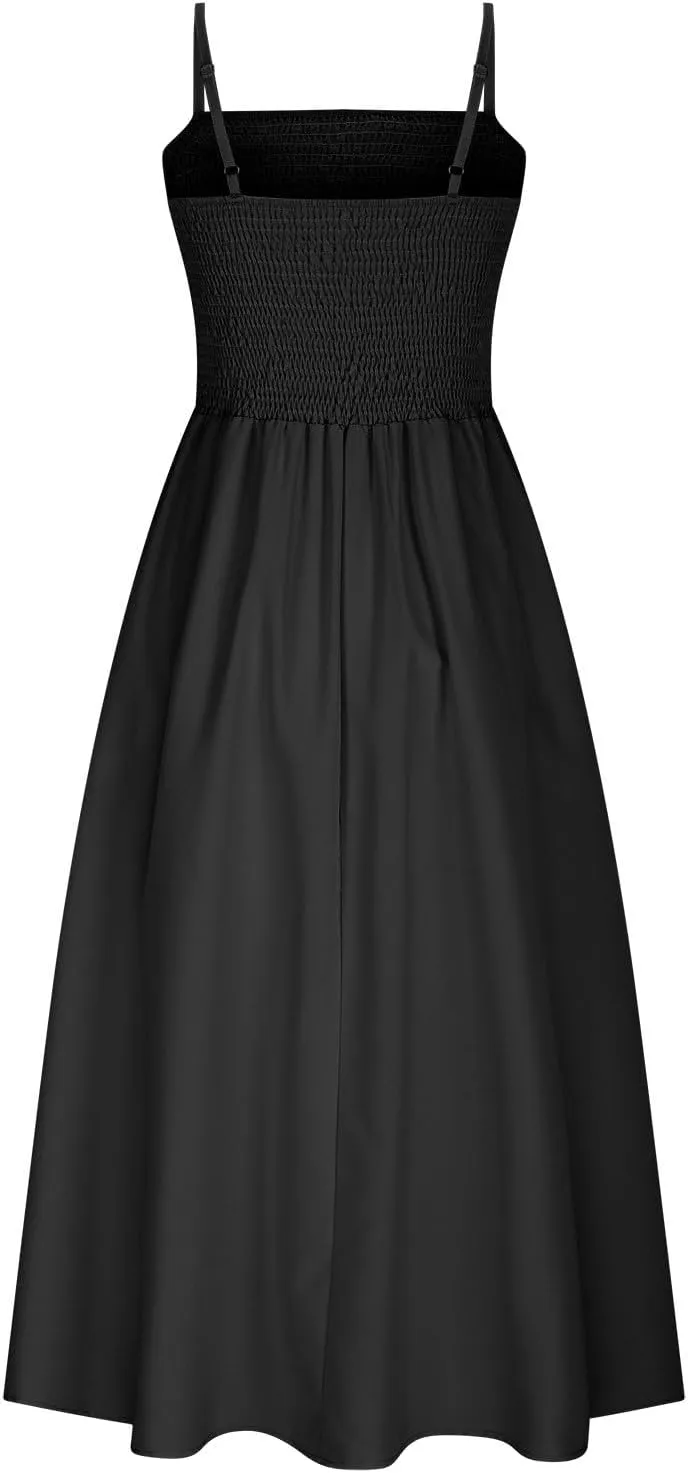 Smocked Dress Women Sleeveless Crew Neck Beach Maxi Sundresses Casual Spaghetti Strap Swing A Line Long Flowy Dress