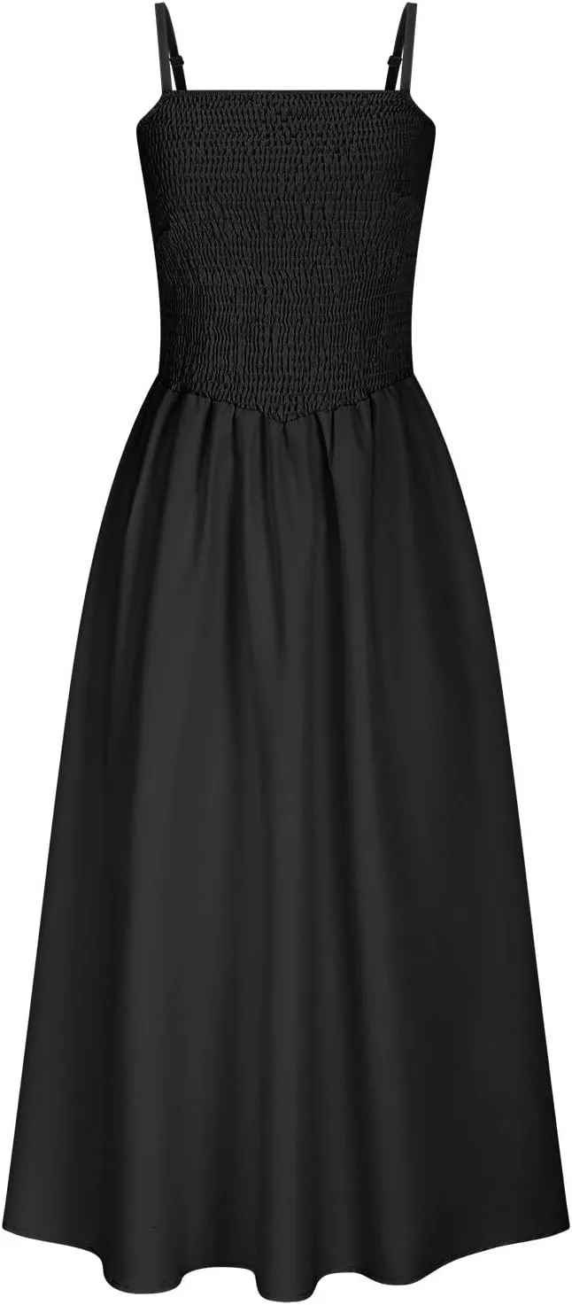Smocked Dress Women Sleeveless Crew Neck Beach Maxi Sundresses Casual Spaghetti Strap Swing A Line Long Flowy Dress