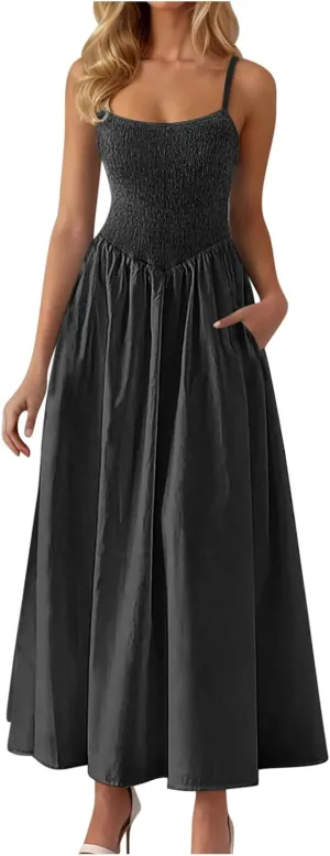Smocked Dress Women Sleeveless Crew Neck Beach Maxi Sundresses Casual Spaghetti Strap Swing A Line Long Flowy Dress