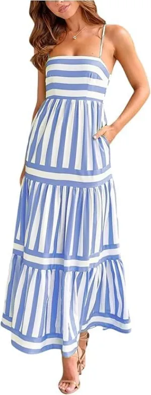 Smocked Maxi Dress for Women,Womens Striped Smocked Dress Sleeveless Cutout Backless Spaghetti Strap Boho Sundresses