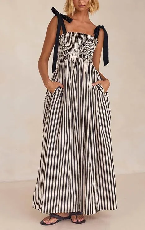 Smocked Maxi Dress for Women,Womens Striped Smocked Dress Sleeveless Cutout Backless Spaghetti Strap Boho Sundresses