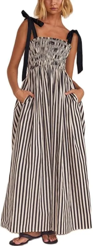 Smocked Maxi Dress for Women,Womens Striped Smocked Dress Sleeveless Cutout Backless Spaghetti Strap Boho Sundresses