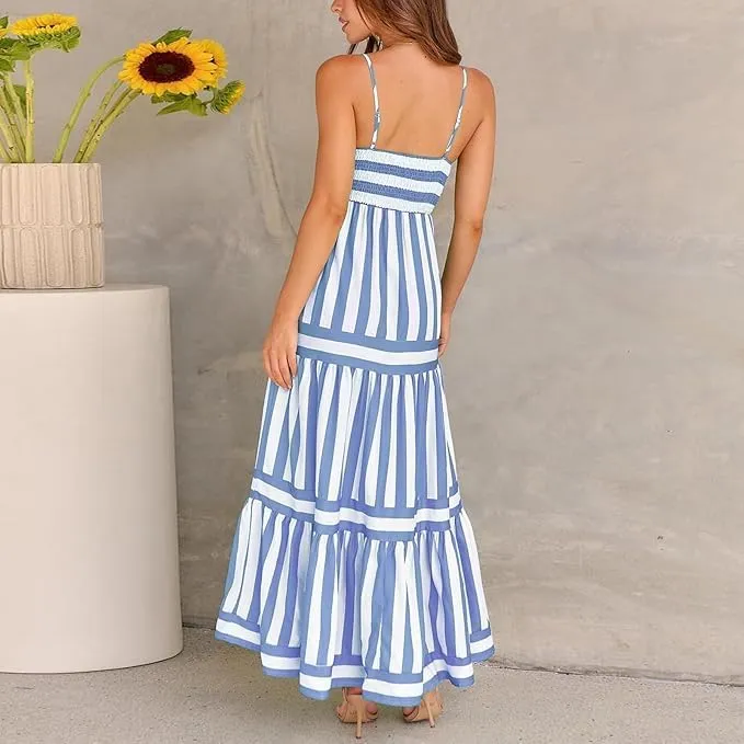 Smocked Maxi Dress for Women,Womens Striped Smocked Dress Sleeveless Cutout Backless Spaghetti Strap Boho Sundresses